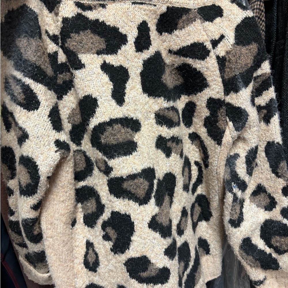 Anthropologie Black and Tan Cowl Neck Sweater with Animal Print
